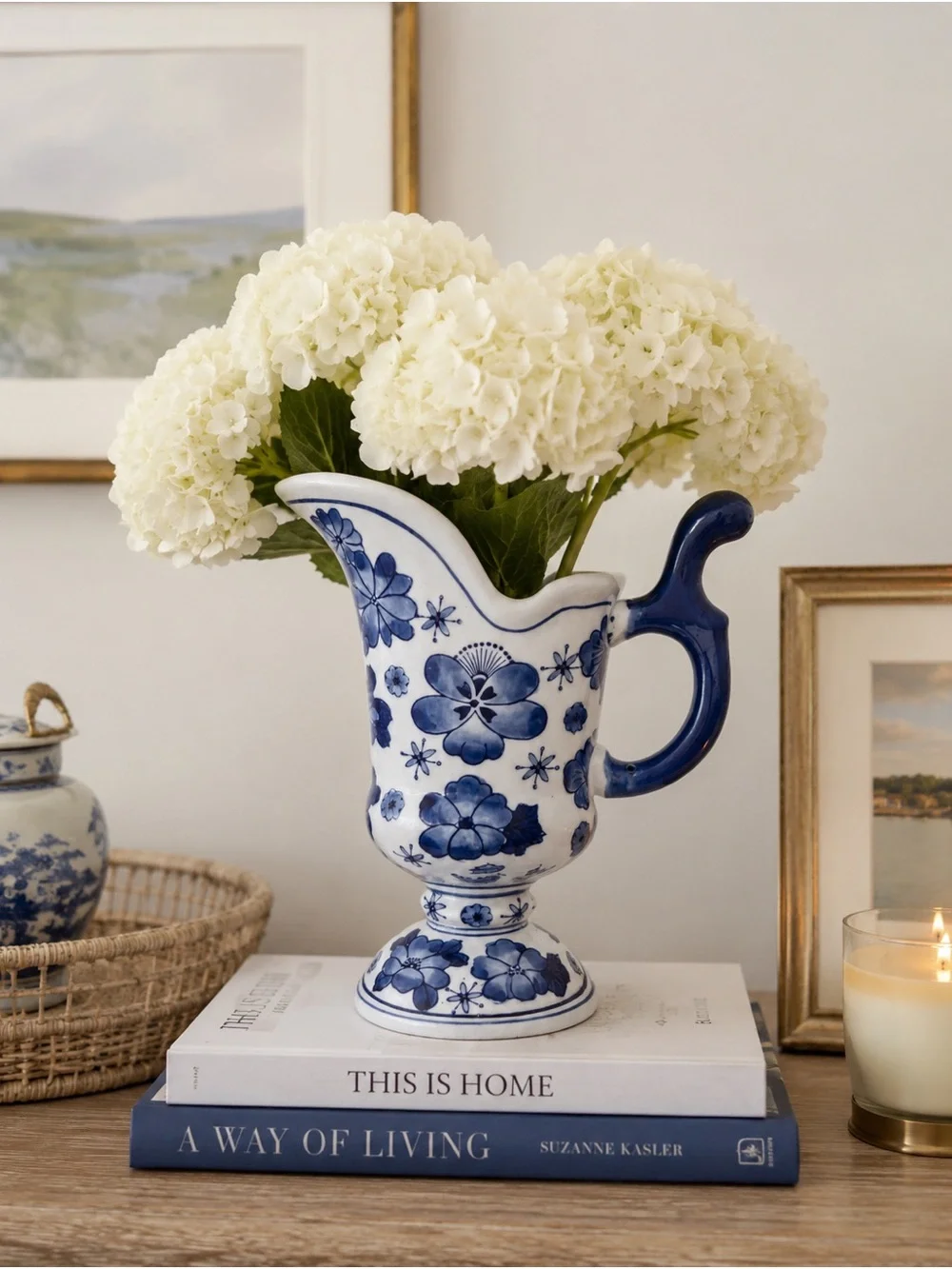 Blue & White Floral Pedestal Pitcher Vase – Decorative Home Decor